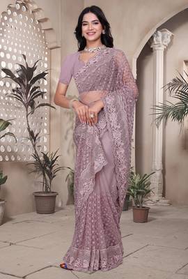 Lavender resham badla zari embroidery work net saree 4