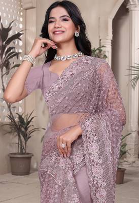 Lavender resham badla zari embroidery work net saree 5