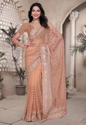 Peach resham badla zari embroidery work net saree 1