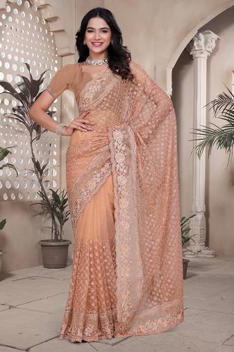 Peach resham badla zari embroidery work net saree