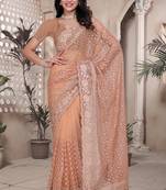 Peach resham badla zari embroidery work net saree