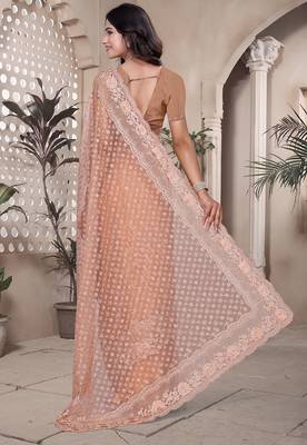 Peach resham badla zari embroidery work net saree 2