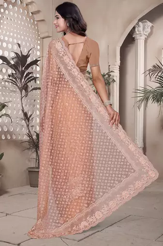 Peach resham badla zari embroidery work net saree