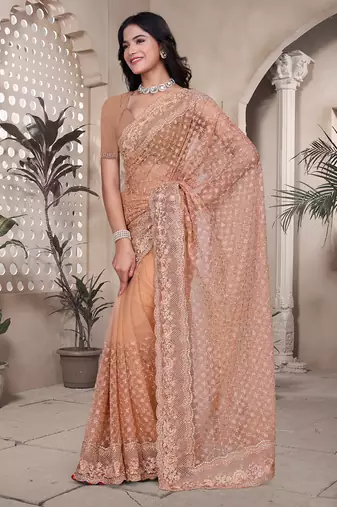 Peach resham badla zari embroidery work net saree