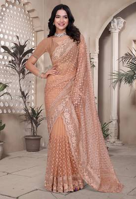 Peach resham badla zari embroidery work net saree 4