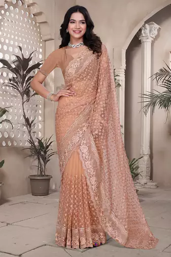 Peach resham badla zari embroidery work net saree