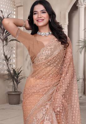 Peach resham badla zari embroidery work net saree 5