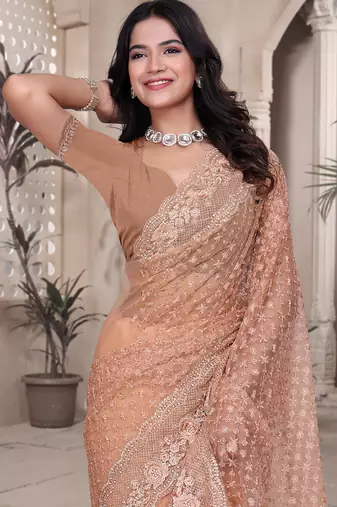 Peach resham badla zari embroidery work net saree