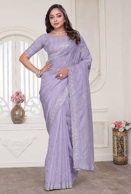 Lavender resham sequin zarkan embroidery work silk blend saree 1