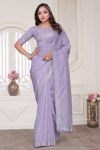 Lavender resham sequin zarkan embroidery work silk blend saree