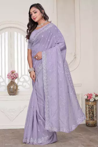 Lavender resham sequin zarkan embroidery work silk blend saree