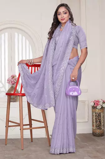 Lavender resham sequin zarkan embroidery work silk blend saree