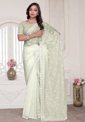 Cream resham sequin zarkan embroidery work silk blend saree 1