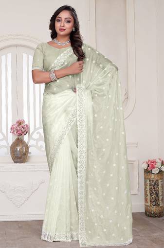 Cream resham sequin zarkan embroidery work silk blend saree