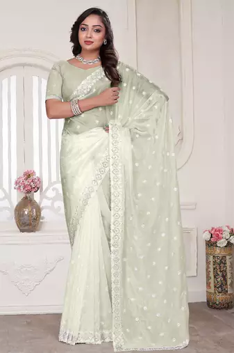 Cream resham sequin zarkan embroidery work silk blend saree