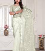 Cream resham sequin zarkan embroidery work silk blend saree