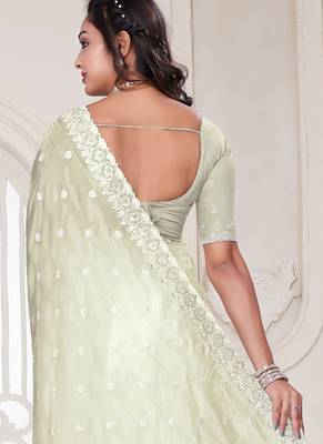Cream resham sequin zarkan embroidery work silk blend saree 2