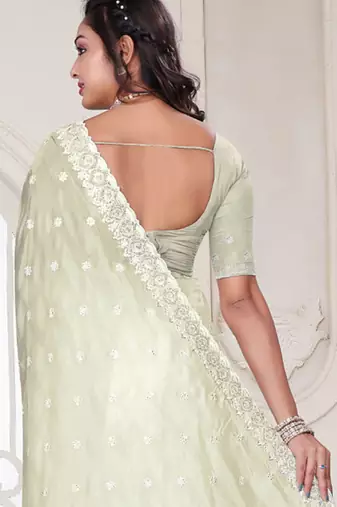 Cream resham sequin zarkan embroidery work silk blend saree
