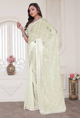 Cream resham sequin zarkan embroidery work silk blend saree 3