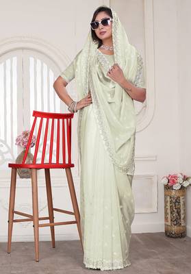 Cream resham sequin zarkan embroidery work silk blend saree 4