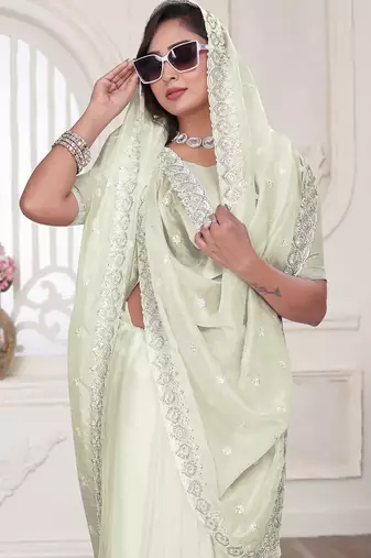 Cream resham sequin zarkan embroidery work silk blend saree