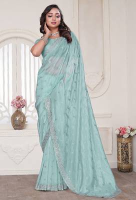 Sky blue resham sequin zarkan embroidery work silk blend saree 1