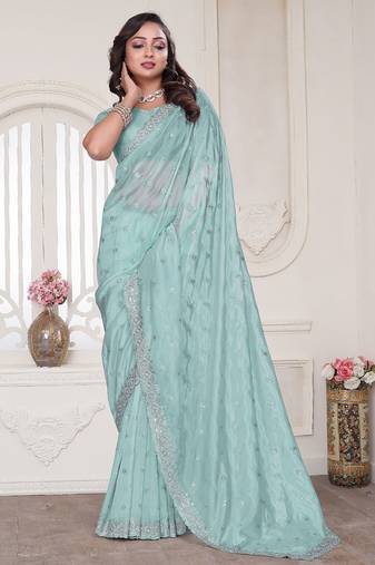 Sky blue resham sequin zarkan embroidery work silk blend saree