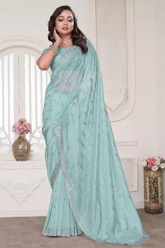 Sky blue resham sequin zarkan embroidery work silk blend saree