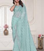 Sky blue resham sequin zarkan embroidery work silk blend saree