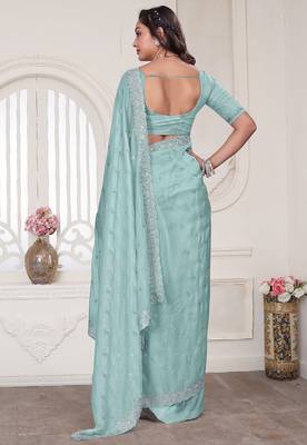 Sky blue resham sequin zarkan embroidery work silk blend saree 2