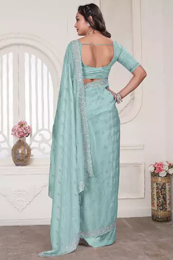 Sky blue resham sequin zarkan embroidery work silk blend saree