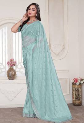 Sky blue resham sequin zarkan embroidery work silk blend saree 3