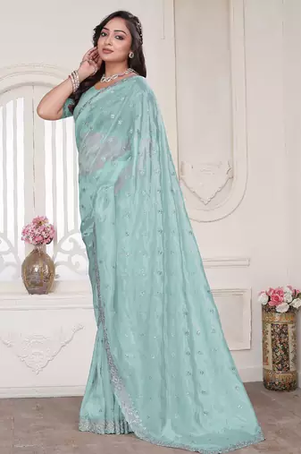 Sky blue resham sequin zarkan embroidery work silk blend saree