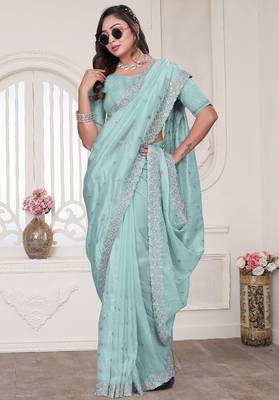 Sky blue resham sequin zarkan embroidery work silk blend saree 4