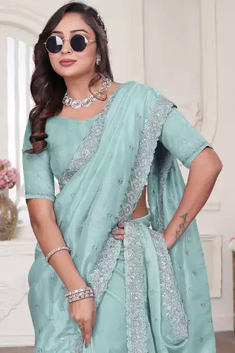 Sky blue resham sequin zarkan embroidery work silk blend saree
