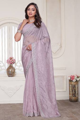 Dusty pink resham sequin zarkan embroidery work silk blend saree