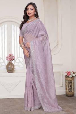 Dusty pink resham sequin zarkan embroidery work silk blend saree 3