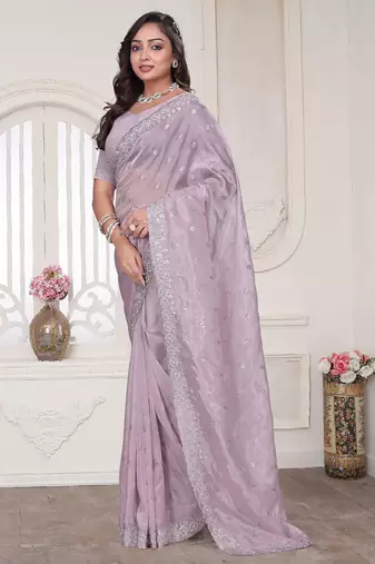 Dusty pink resham sequin zarkan embroidery work silk blend saree