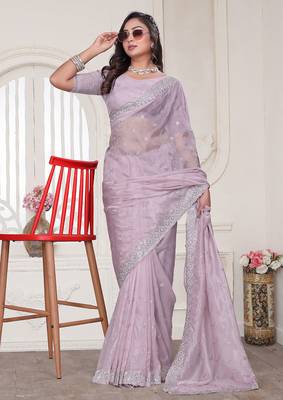 Dusty pink resham sequin zarkan embroidery work silk blend saree 4