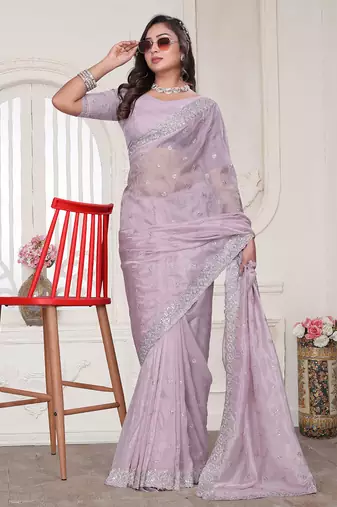 Dusty pink resham sequin zarkan embroidery work silk blend saree