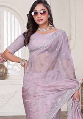 Dusty pink resham sequin zarkan embroidery work silk blend saree 5