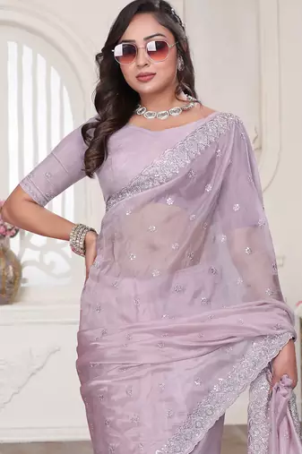 Dusty pink resham sequin zarkan embroidery work silk blend saree