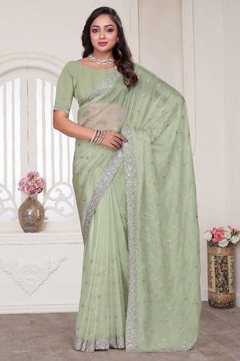 Pista resham sequin zarkan embroidery work silk blend saree