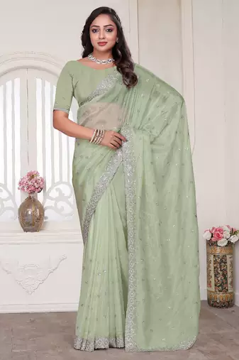 Pista resham sequin zarkan embroidery work silk blend saree