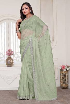 Pista resham sequin zarkan embroidery work silk blend saree 3