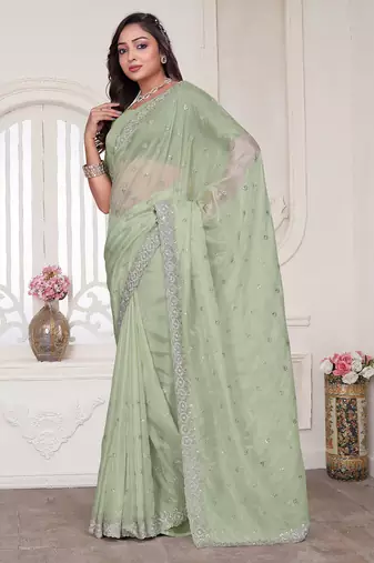 Pista resham sequin zarkan embroidery work silk blend saree