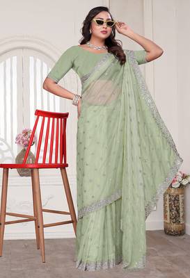 Pista resham sequin zarkan embroidery work silk blend saree 4