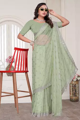 Pista resham sequin zarkan embroidery work silk blend saree