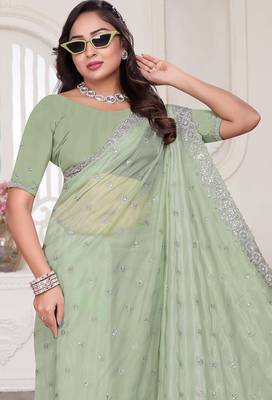 Pista resham sequin zarkan embroidery work silk blend saree 5