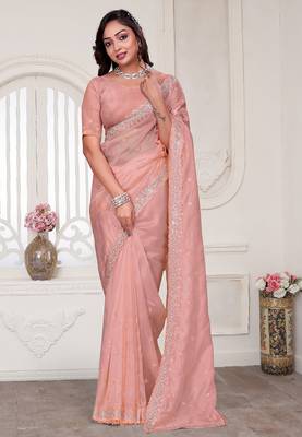 Peach resham sequin zarkan embroidery work silk blend saree 1